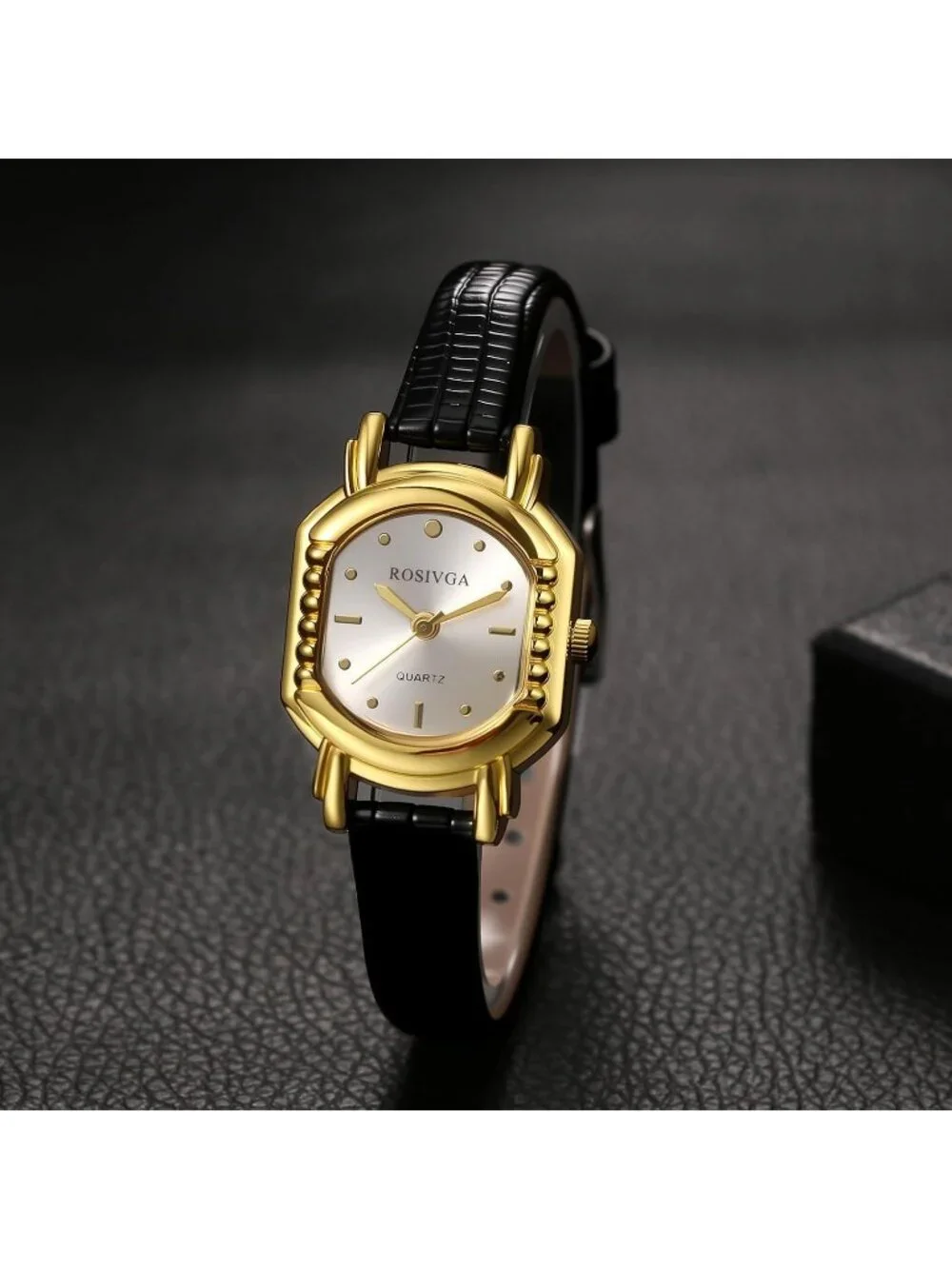 Women's Black White Ultra-Thin Square Dial Adjustable Leather Strap Wrist Watch